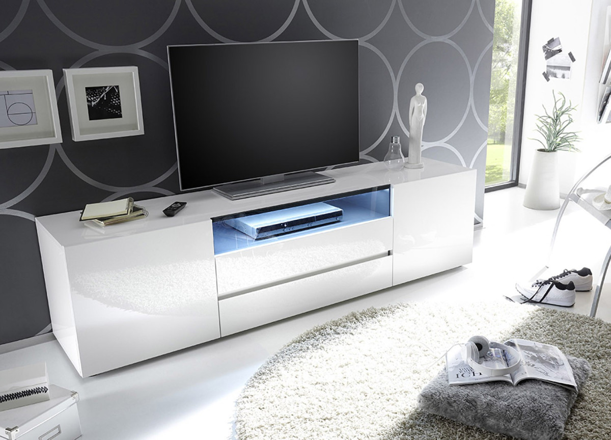 Meuble TV 185 cm Blanc Laqué Design Led Blanc