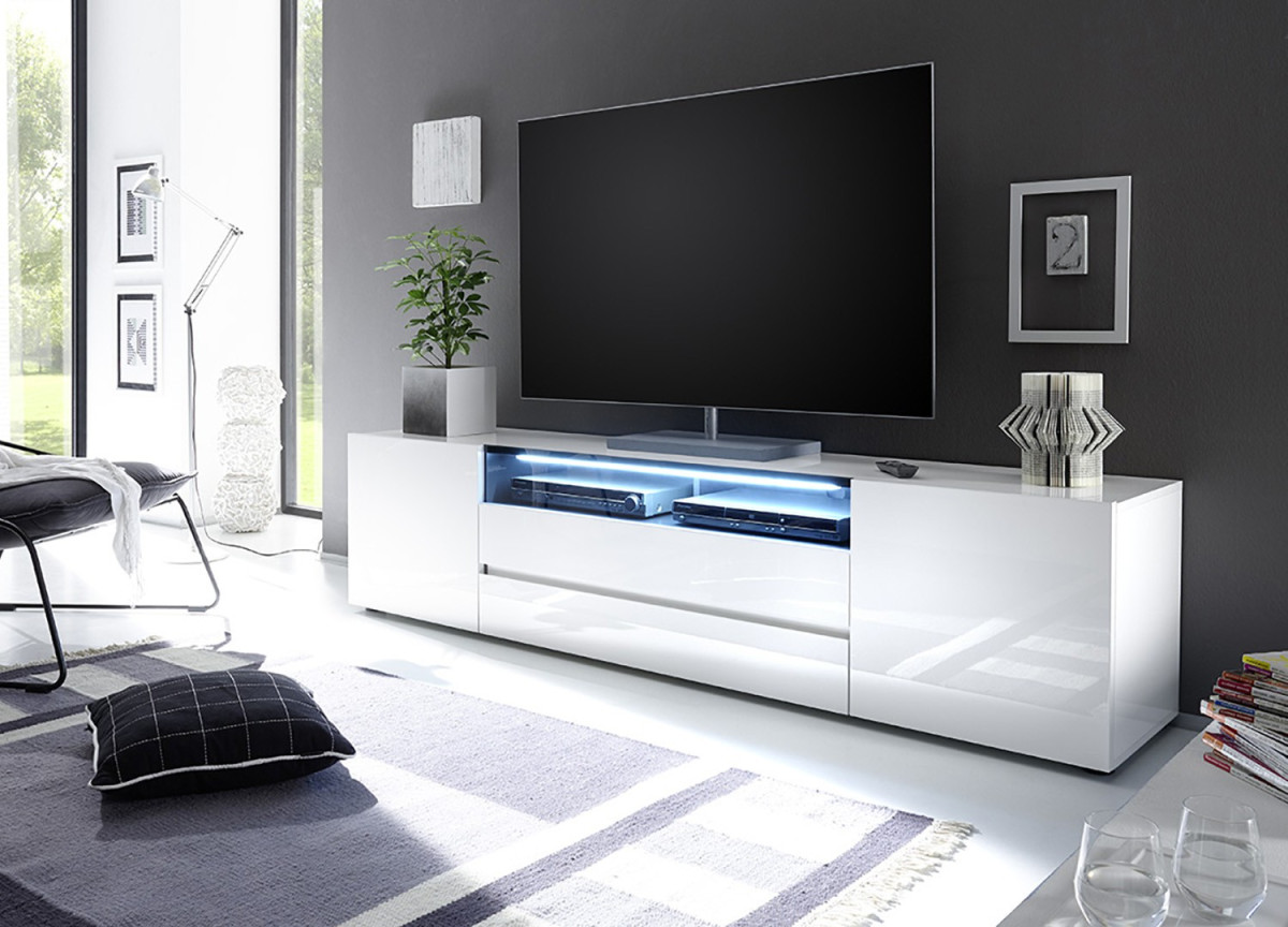 Meuble TV 203 cm Blanc Laqué Design Led Blanc