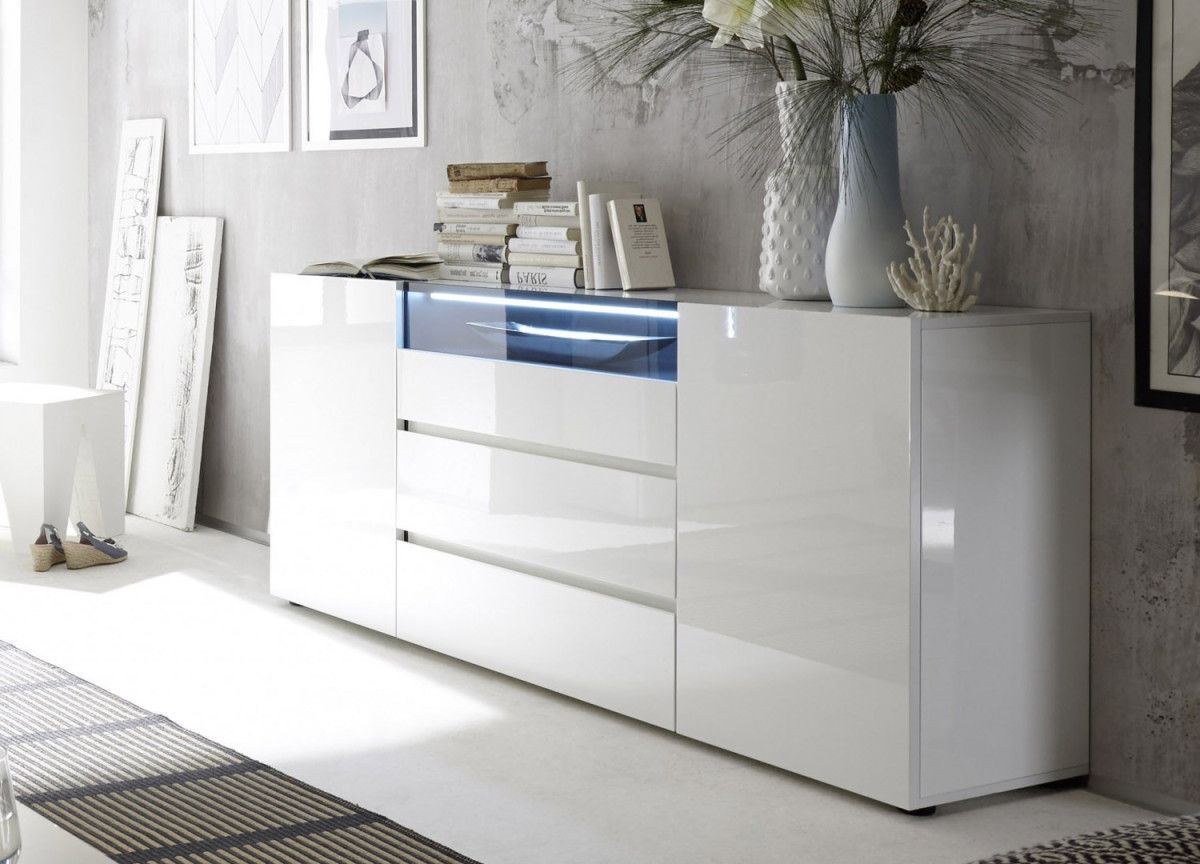 Buffet de Séjour Blanc Laqué Design Led Blanc