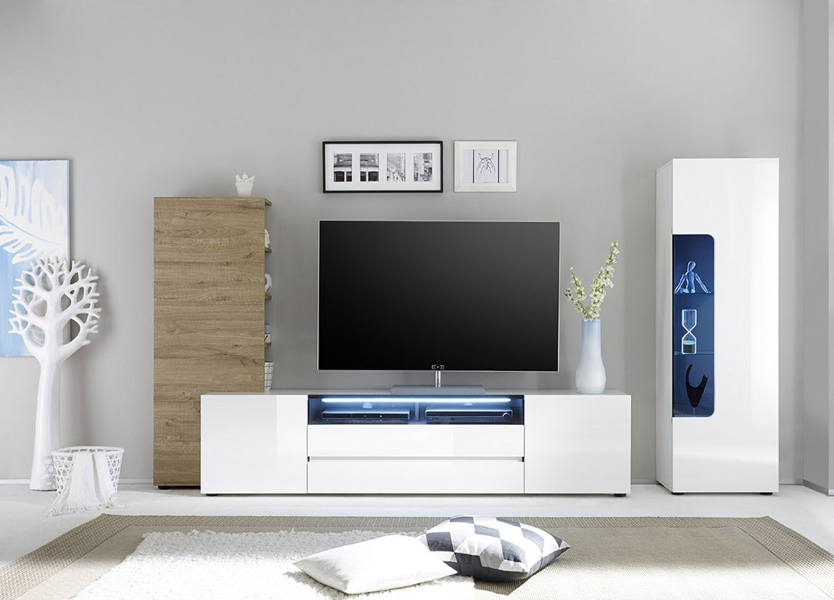 Meuble TV Design Lumineux Blanc Laqué-Chêne