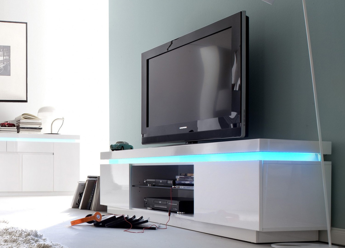 Meuble TV blanc laqué & Led rgb design moderne de salon