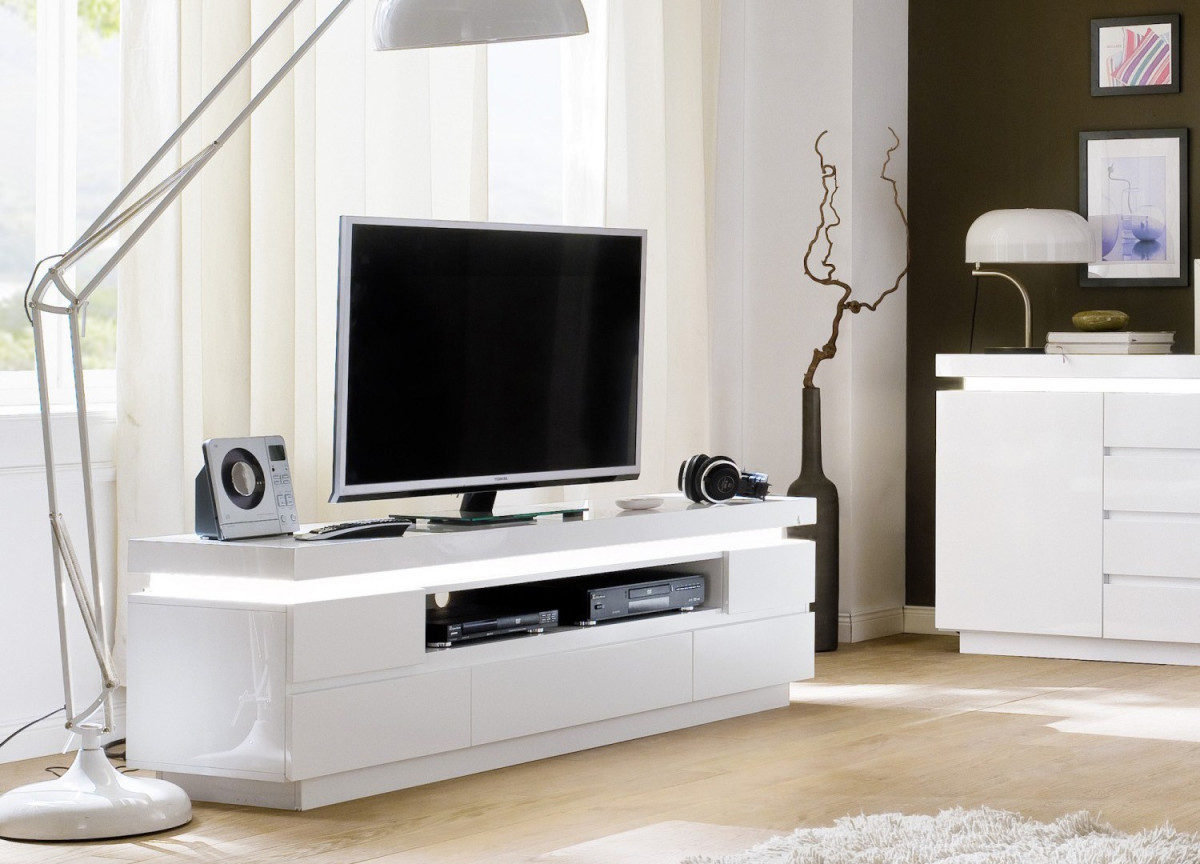Meuble Télé  Blanc Laqué 5 Tiroirs Led RGB