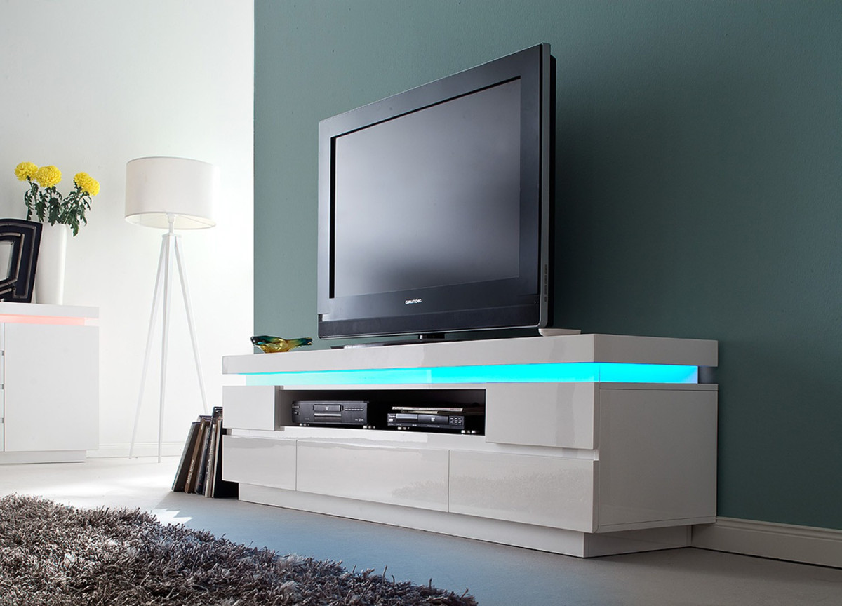 Meuble Télé  Blanc Laqué 5 Tiroirs Led RGB