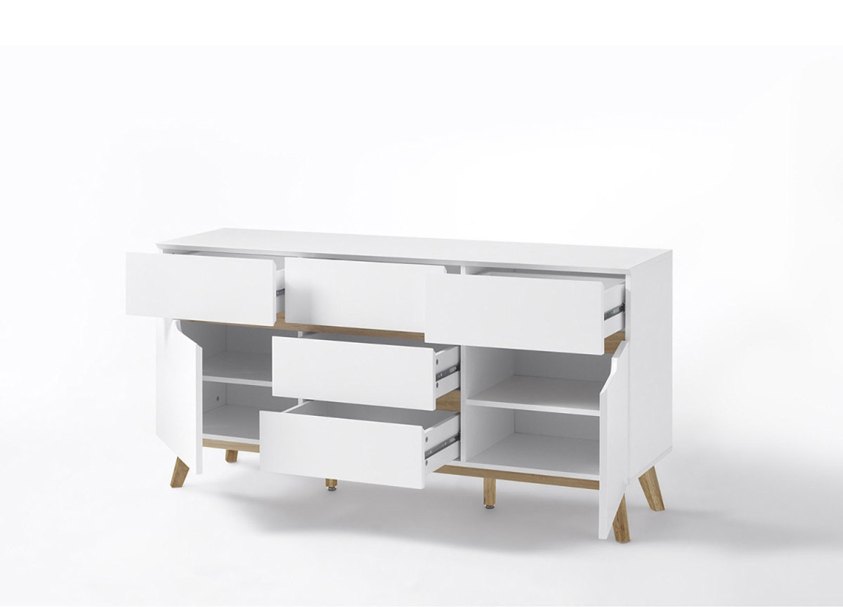Buffet 5 tiroirs et 2 portes blanc et bois