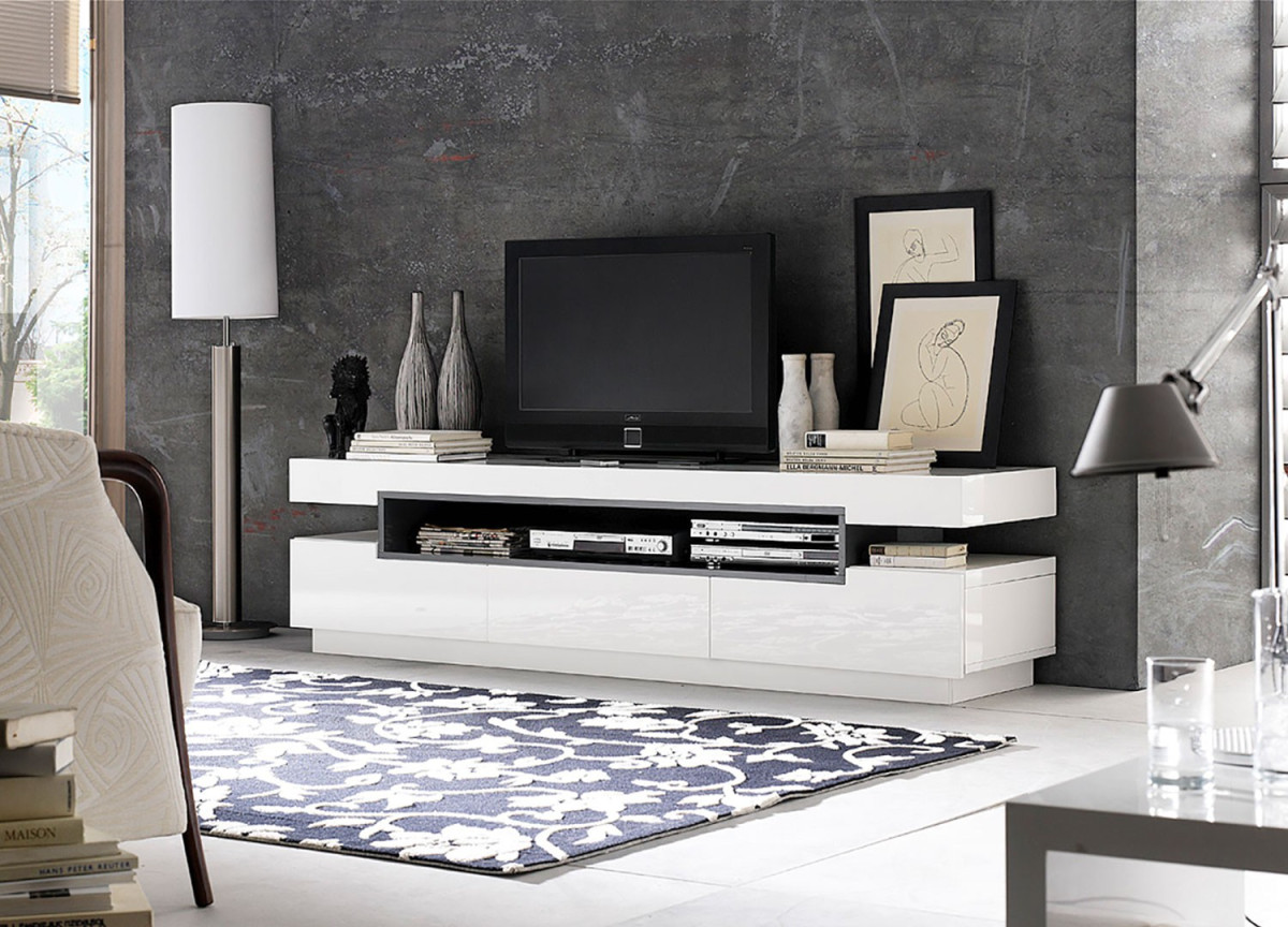 Meuble TV Design Blanc & Gris Laqué