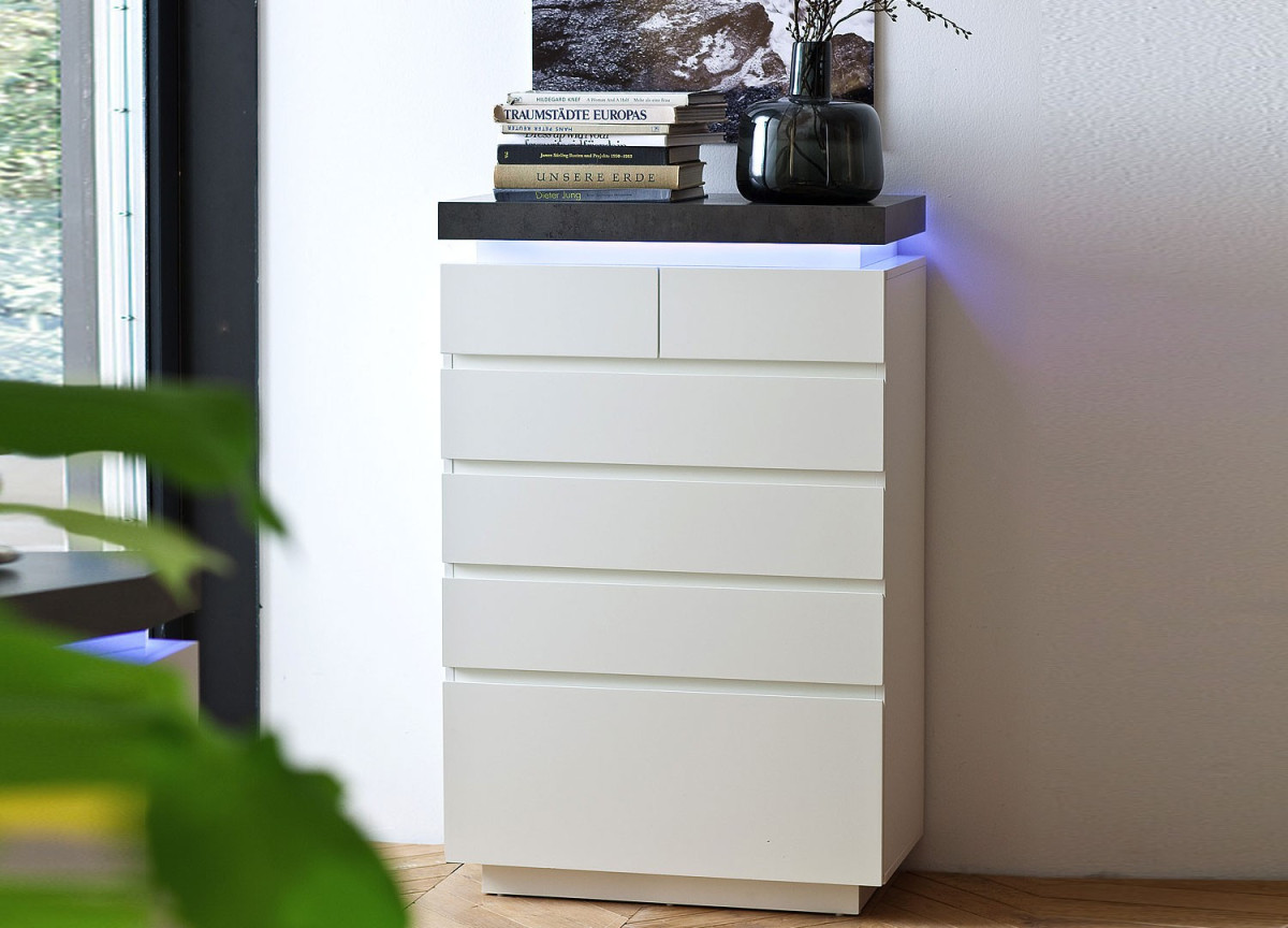 Commode 6 Tiroir Gris et Blanc Laqué LED