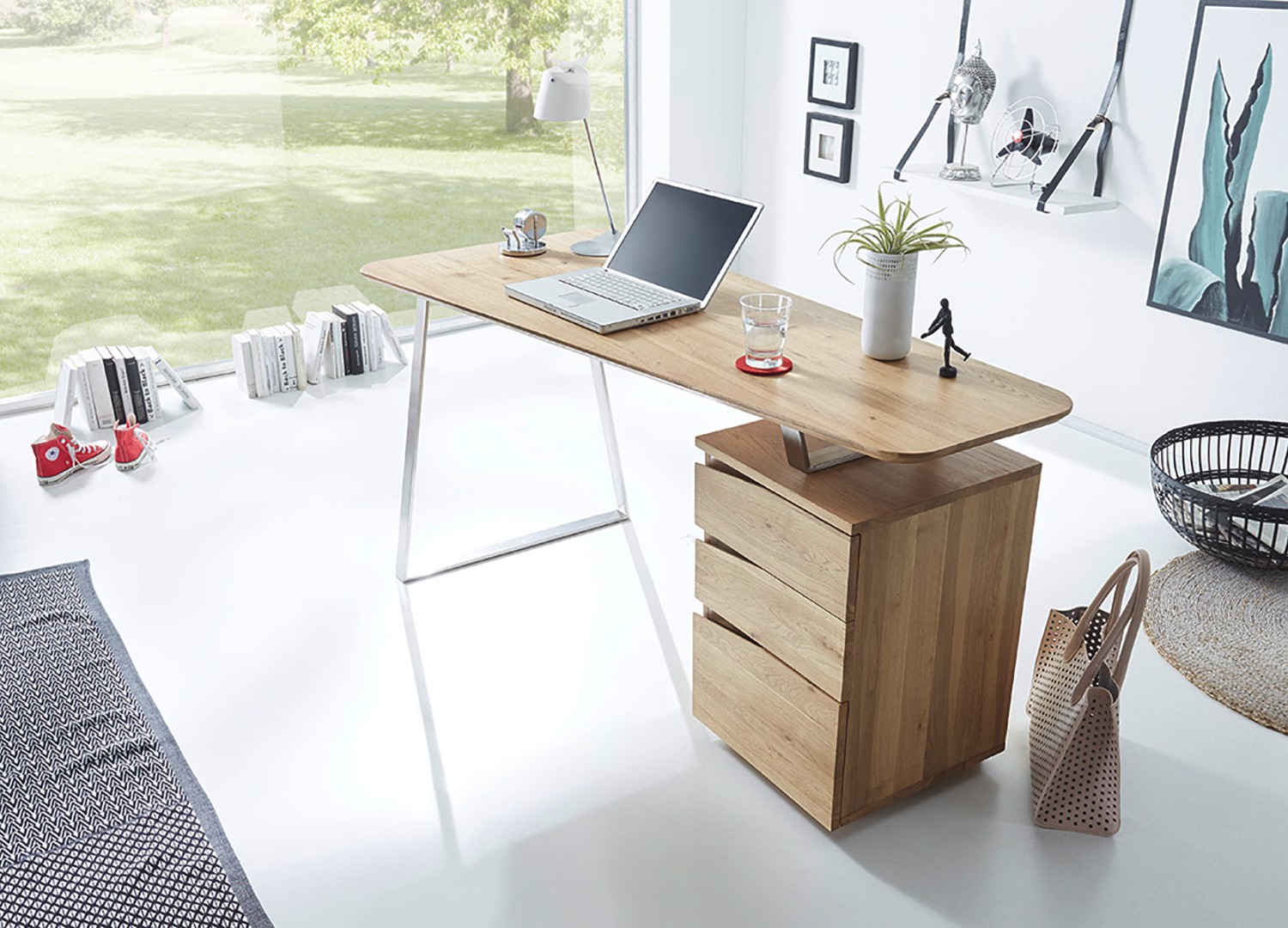 Bureau Informatique Table de Travail Ordinateur avec Grand Plateau en Verre  Trempé et Tiroir Intégré Idéal pour Bureau Chambre 120 x 60 x 75 cm Blanc  et Bois