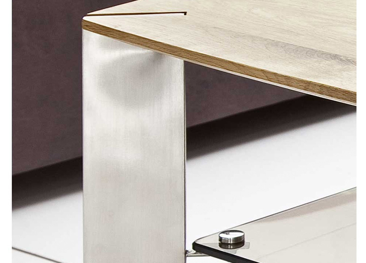 Table Basse Carrée en Bois Verre Fumé et Acier