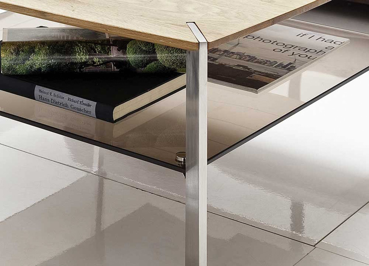 Table Basse Carrée en Bois Verre Fumé et Acier