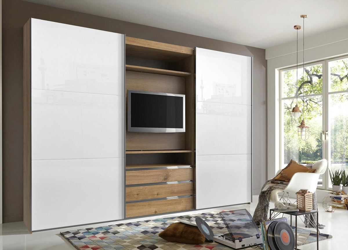 Grande armoire d'angle laquée blanche pour chambre adulte