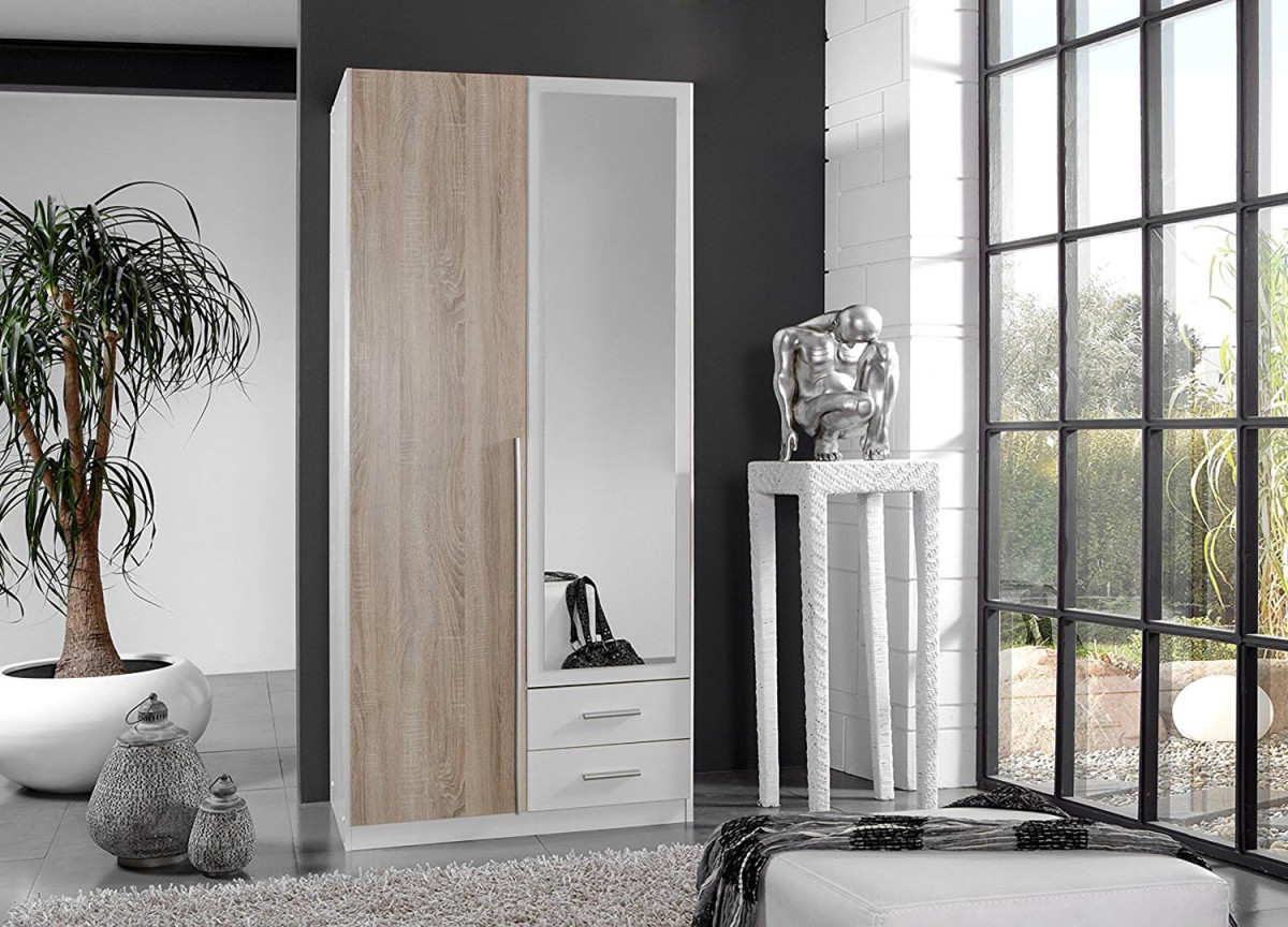 Armoire Miroir Chêne & Blanche pas Cher