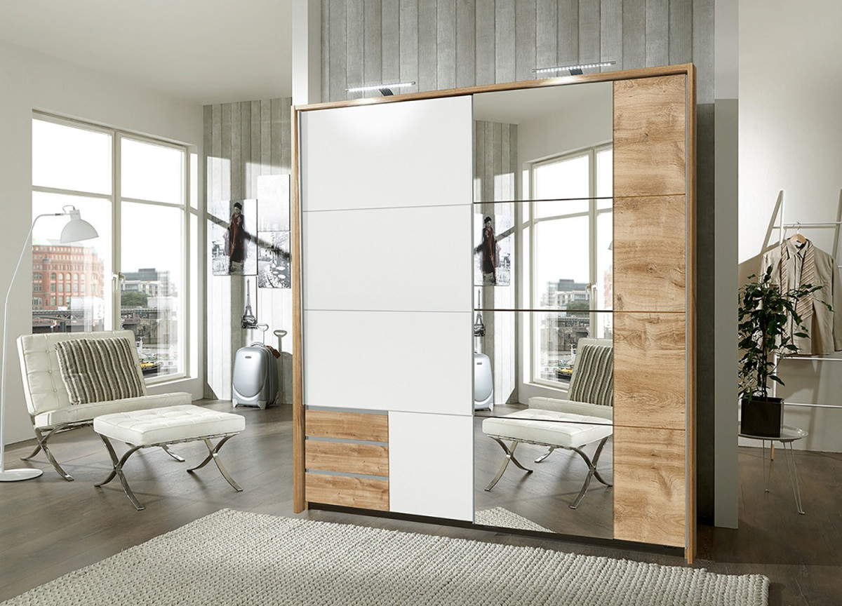 Armoire dressing miroir, rangement et tiroirs pour chambre adulte