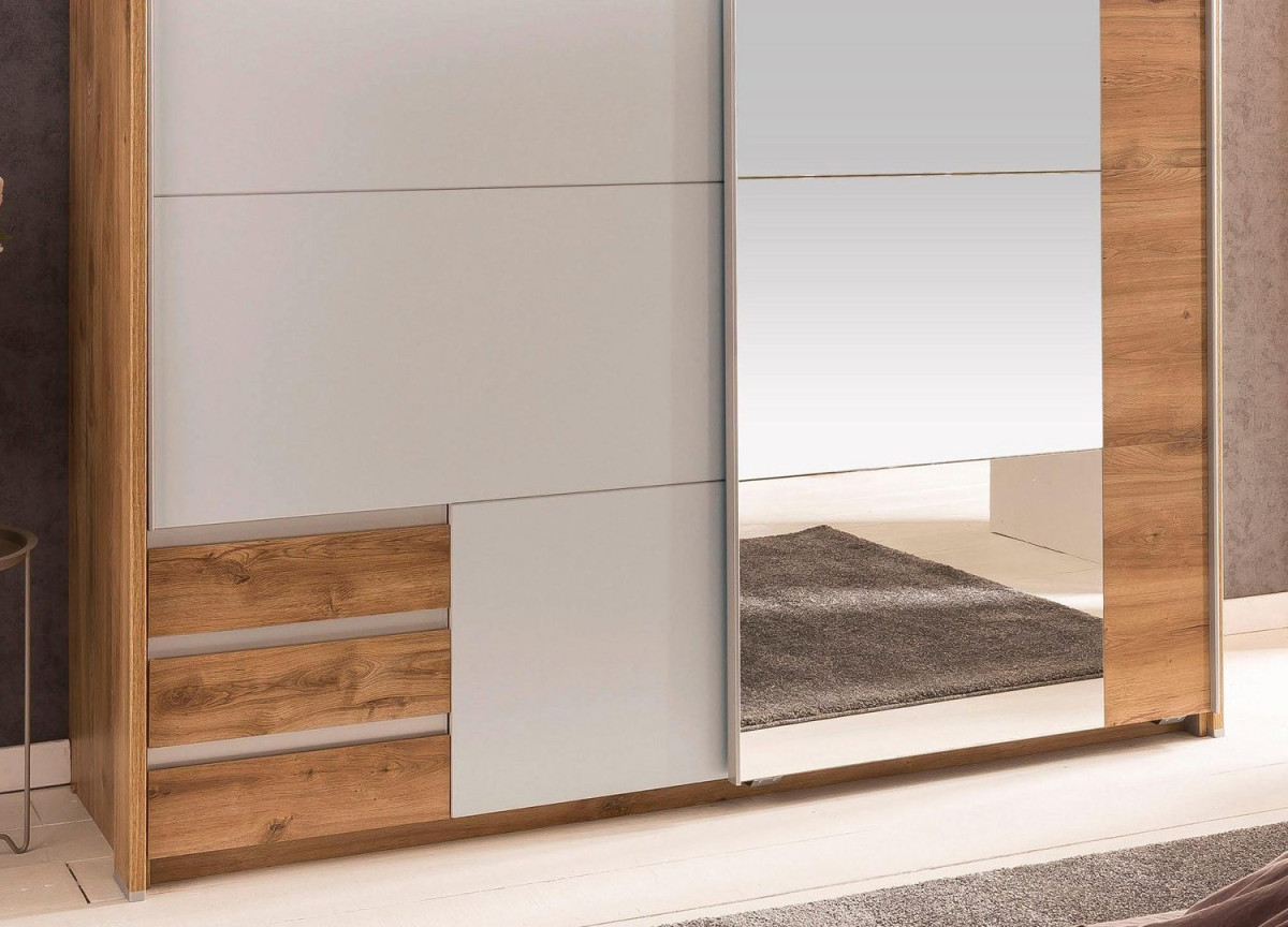 Armoire Chêne et Blanche avec Miroir - Rangement & Dressing