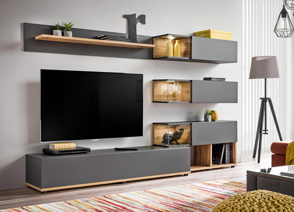 Meuble TV Design Led Gris & Bois