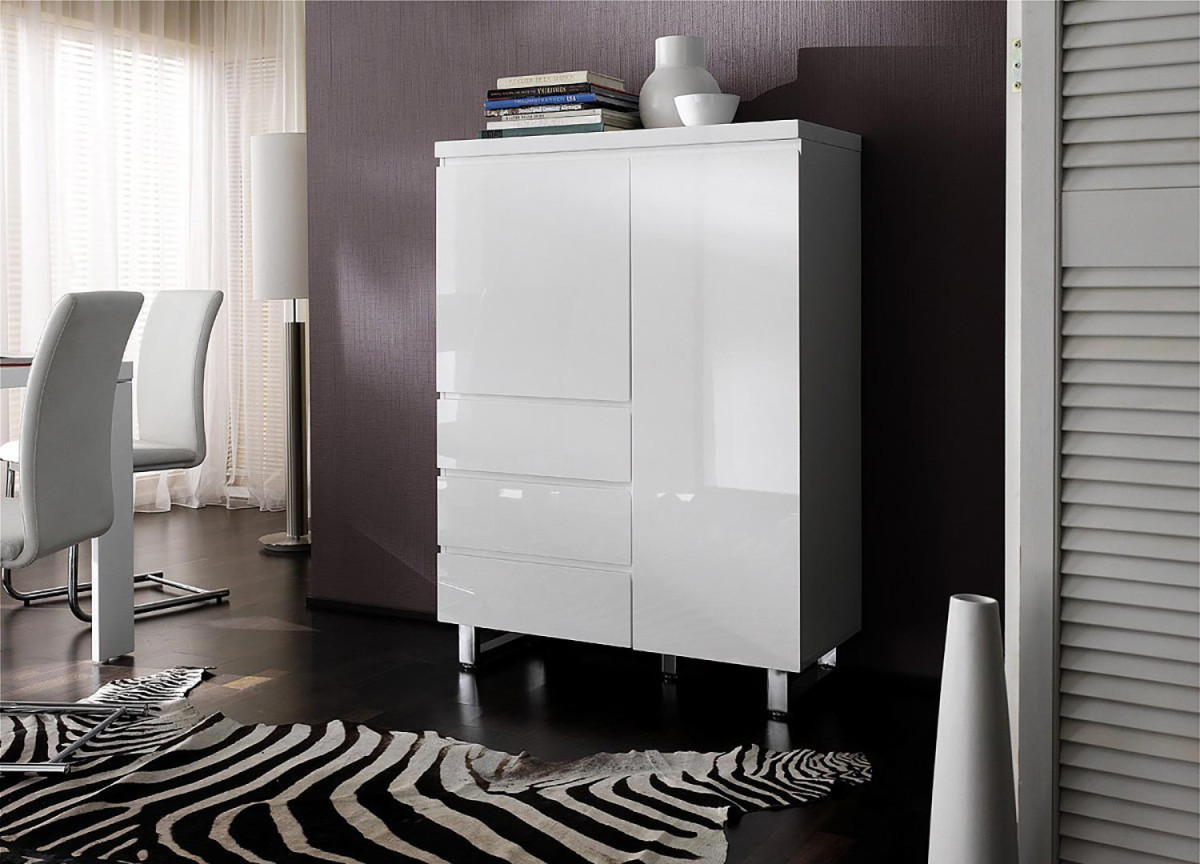 Buffet Haut blanc laqué design / Pied chromé