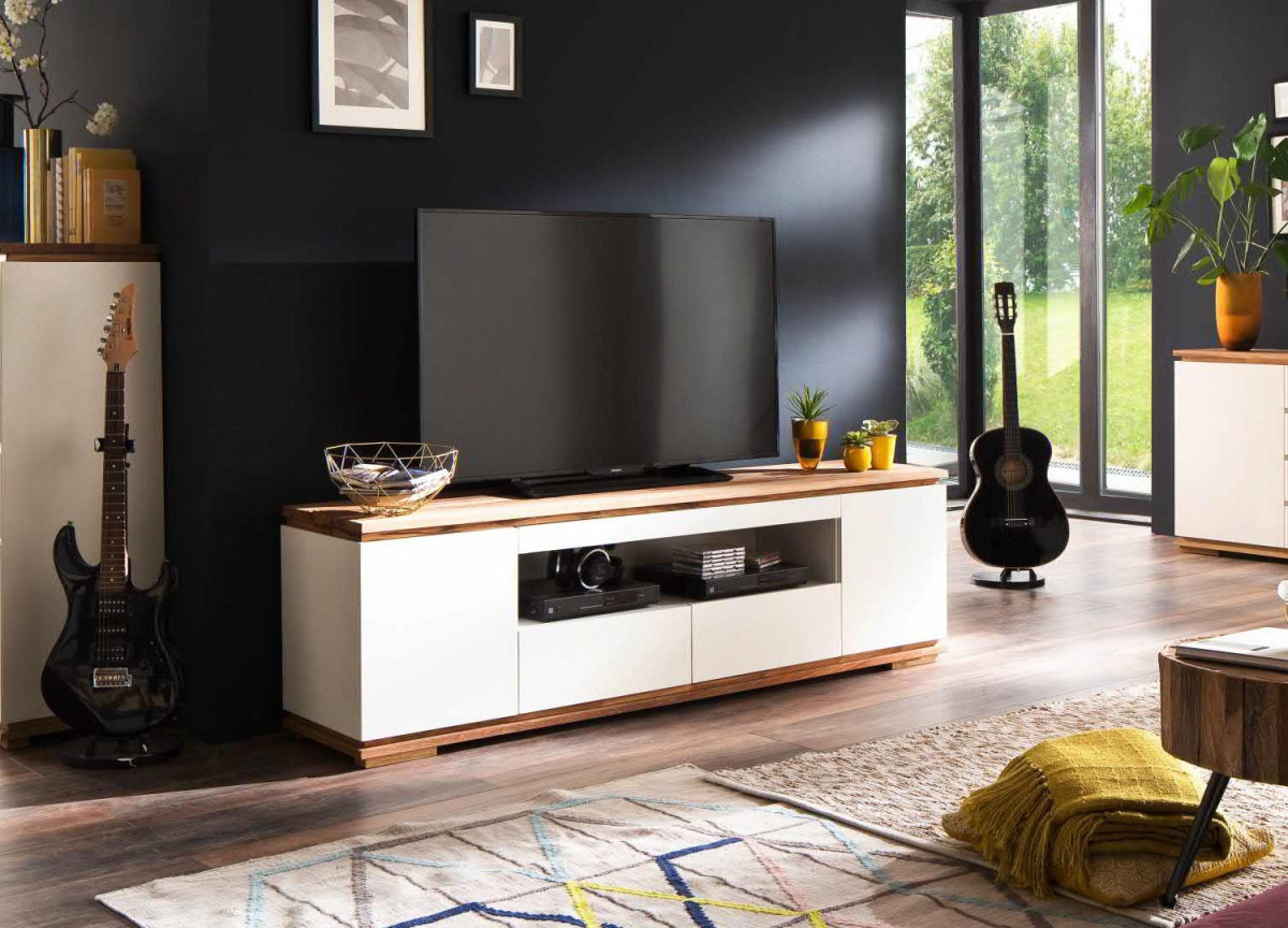 Meuble TV blanc et bois massif