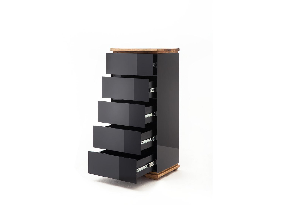 Commode haute à tiroirs noir laqué et bois massif