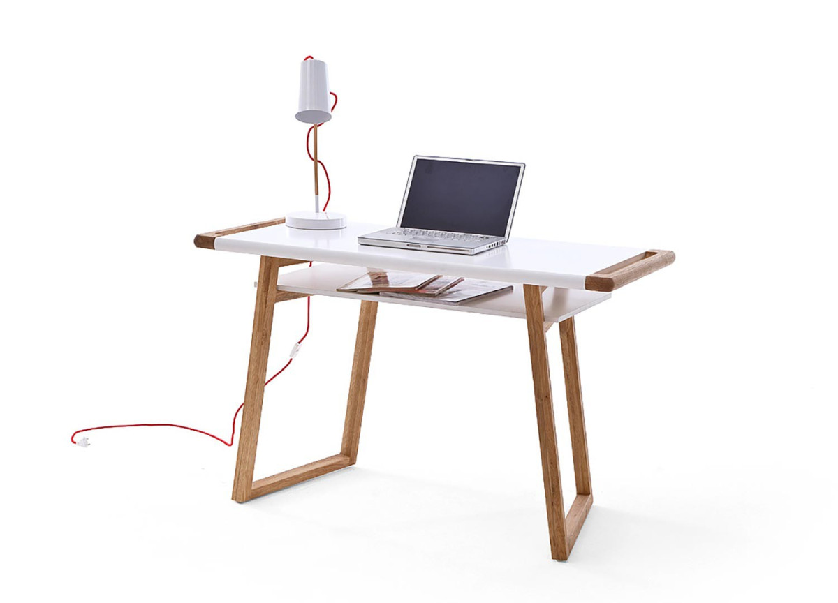 Table de bureau blanc laqué et bois design