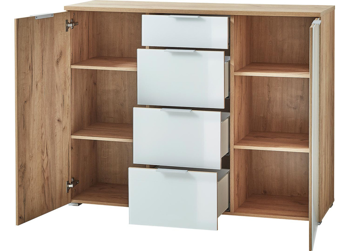 Buffet blanc et bois 4 tiroirs et 2 portes