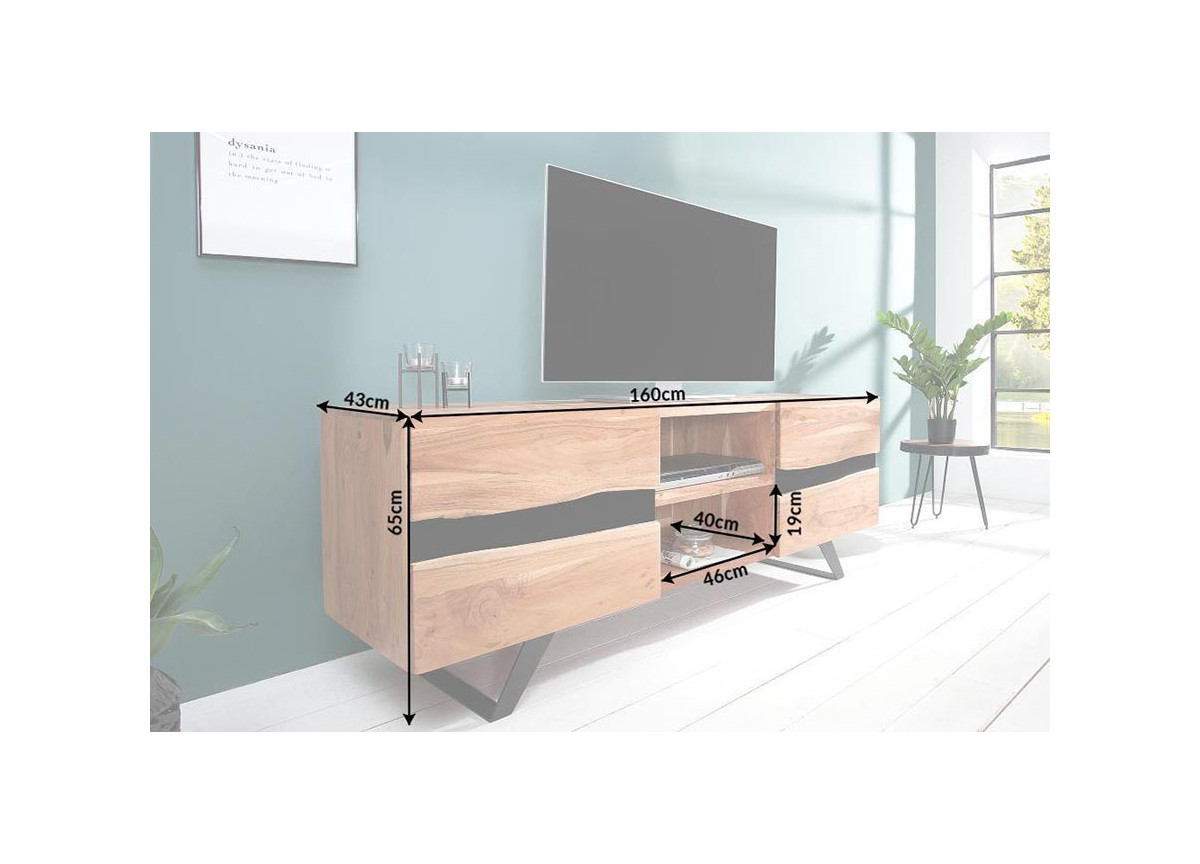 Meuble TV design bois massif et métal 160 cm / Acacia