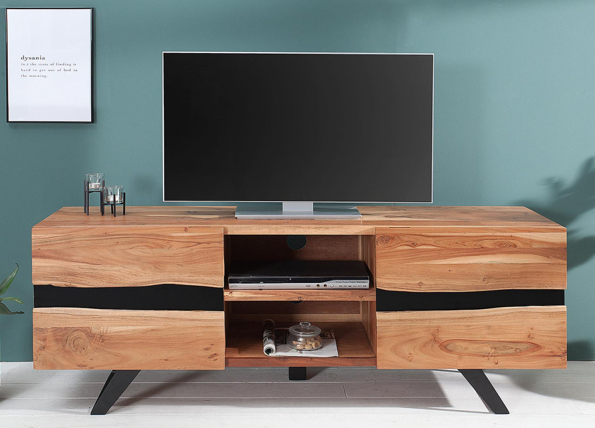 Meuble TV design bois massif et métal 160 cm / Acacia