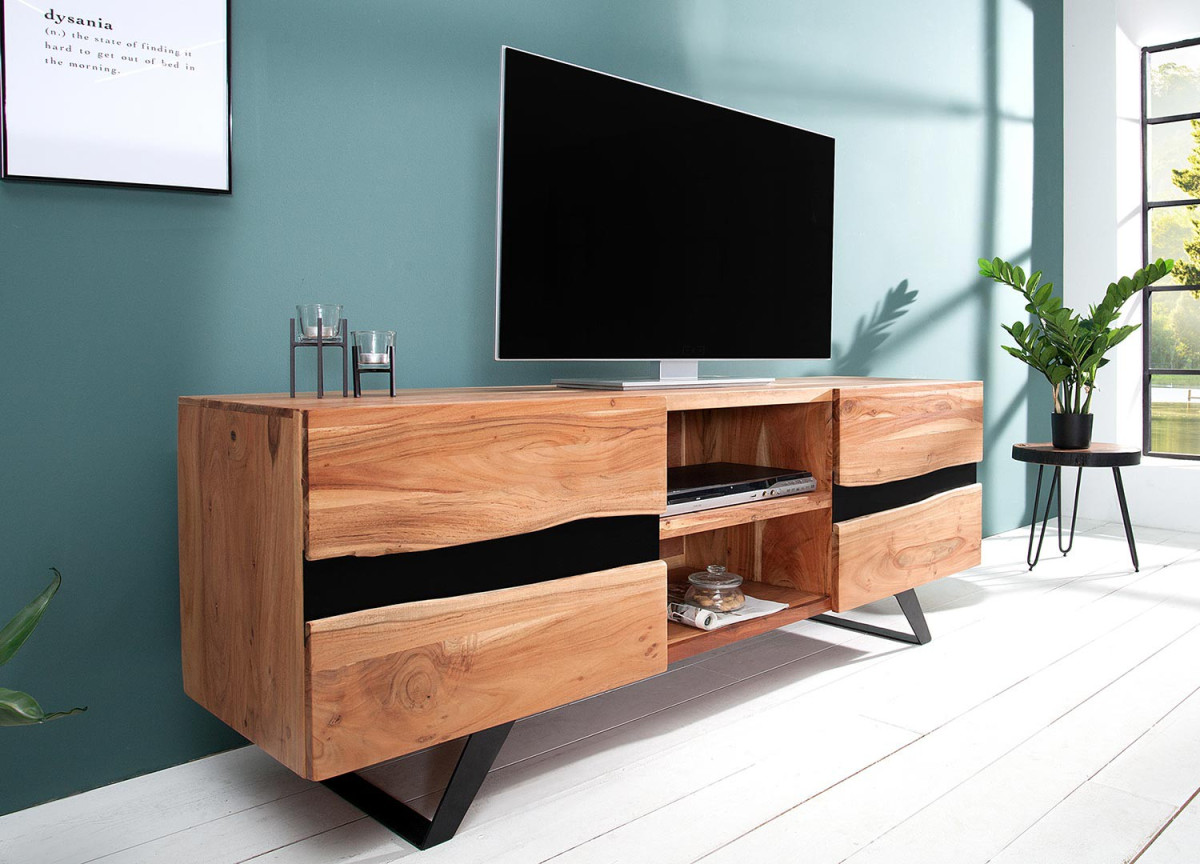 Meuble TV design bois massif et métal 160 cm / Acacia