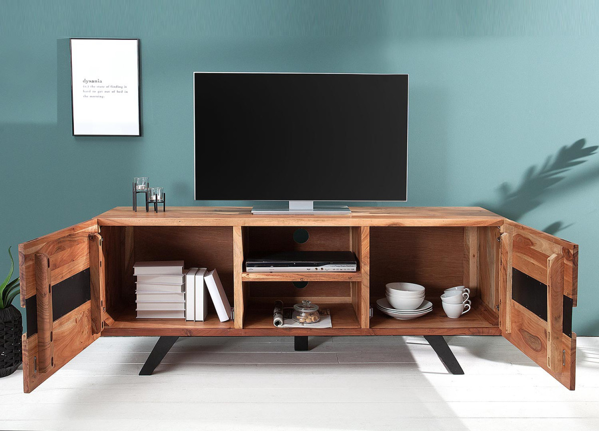 Meuble TV design bois massif et métal 160 cm / Acacia