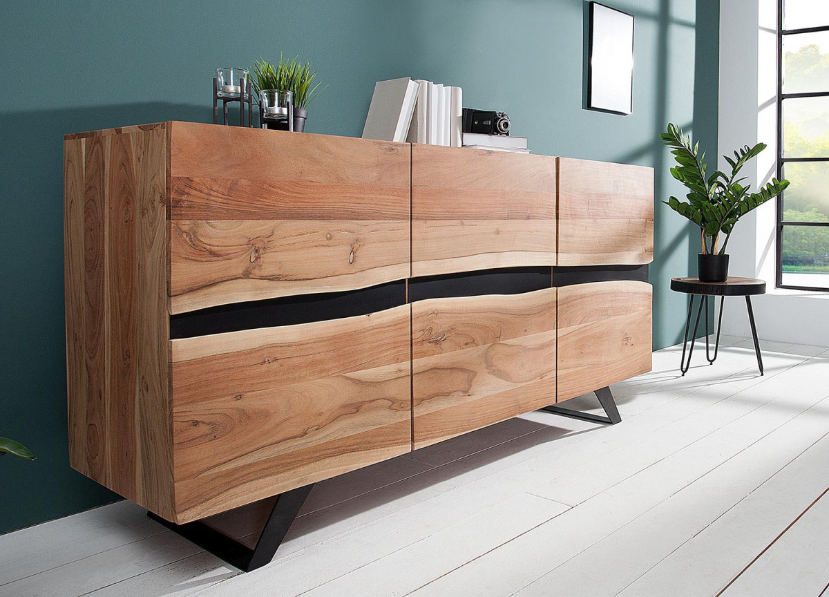 Buffet bois massif et métal 150 cm / Acacia avec 3 portes