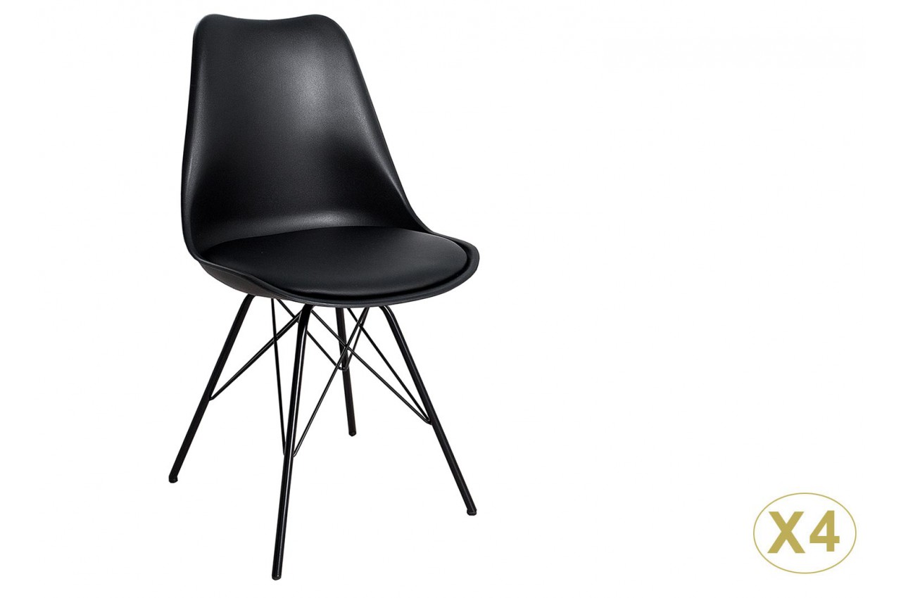 Chaise noire matelassée simili cuir noir / Pieds métal pour salle à manger