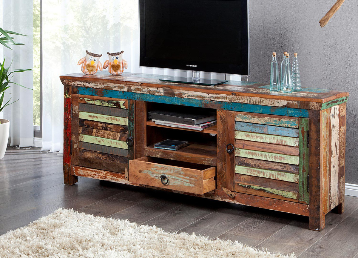 Meuble TV industriel en bois recyclé coloré