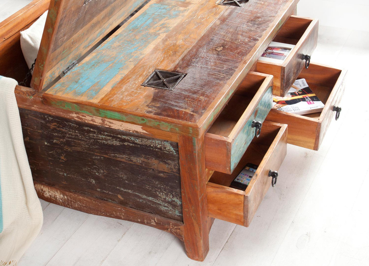 Table Basse avec Rangement en Bois Recyclé Coloré
