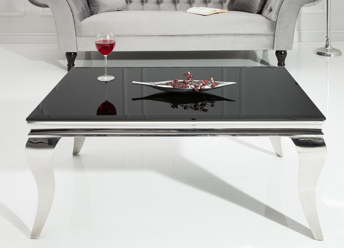Table basse baroque verre noir et métal chromé