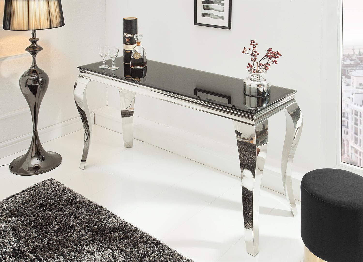 Table console baroque noire et métal chromé pour meuble entrée
