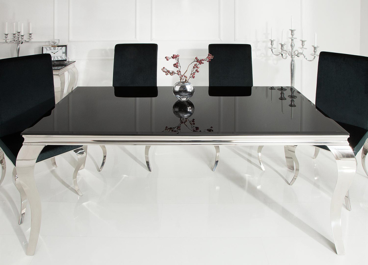 Table de salle à manger design moderne verre noir et métal chromé 180 × 90 cm