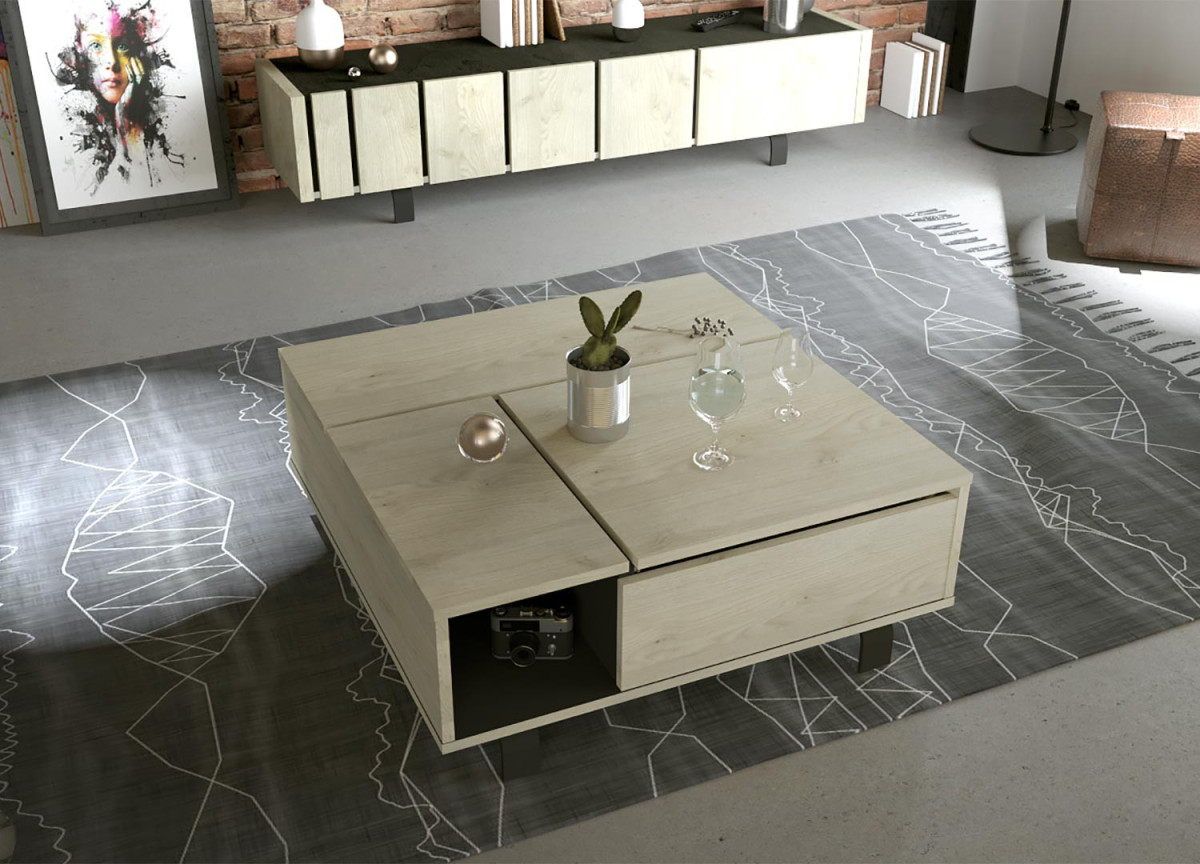 Table basse contemporaine relevable décor chêne et noir ardoise