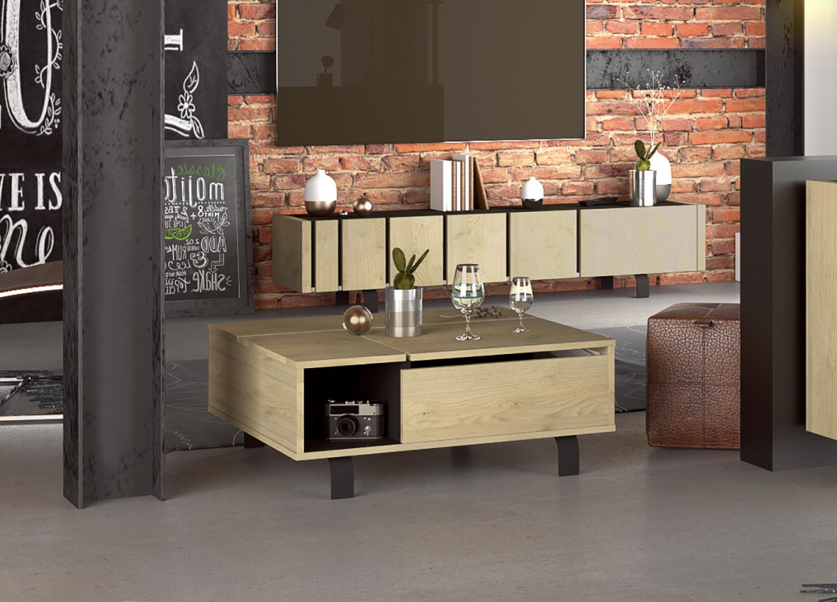 Table basse contemporaine relevable décor chêne et noir ardoise