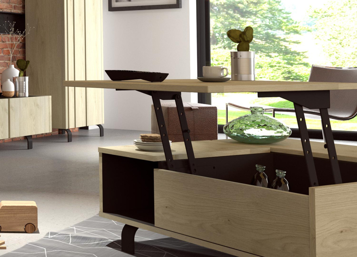 Table basse contemporaine relevable décor chêne et noir ardoise