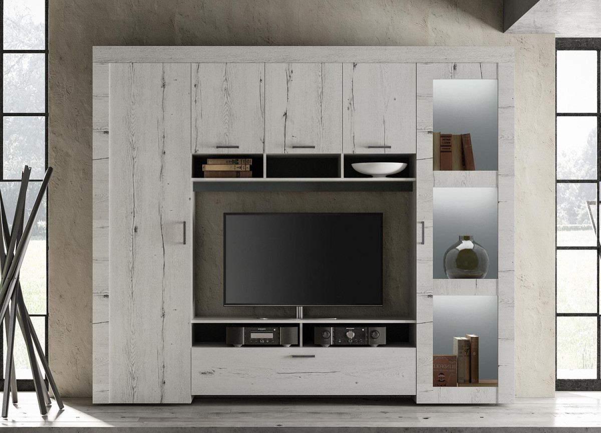 Meuble TV living déco chêne blanc