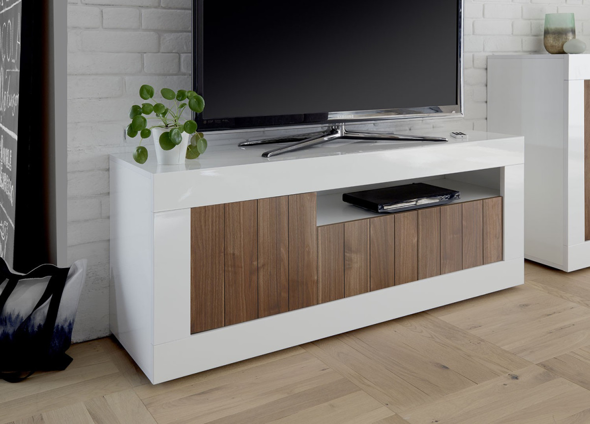 Meuble TV bas blanc et bois design