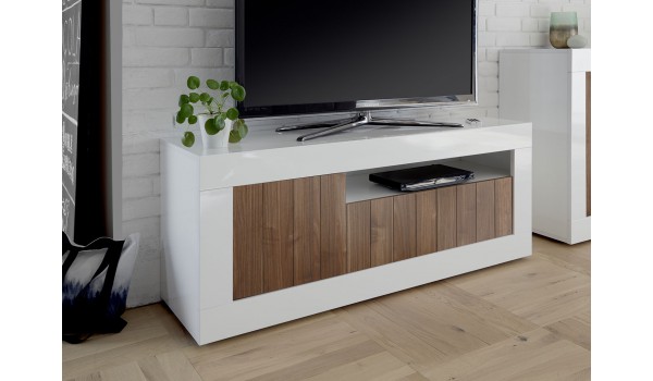 Meuble TV bas blanc et bois design