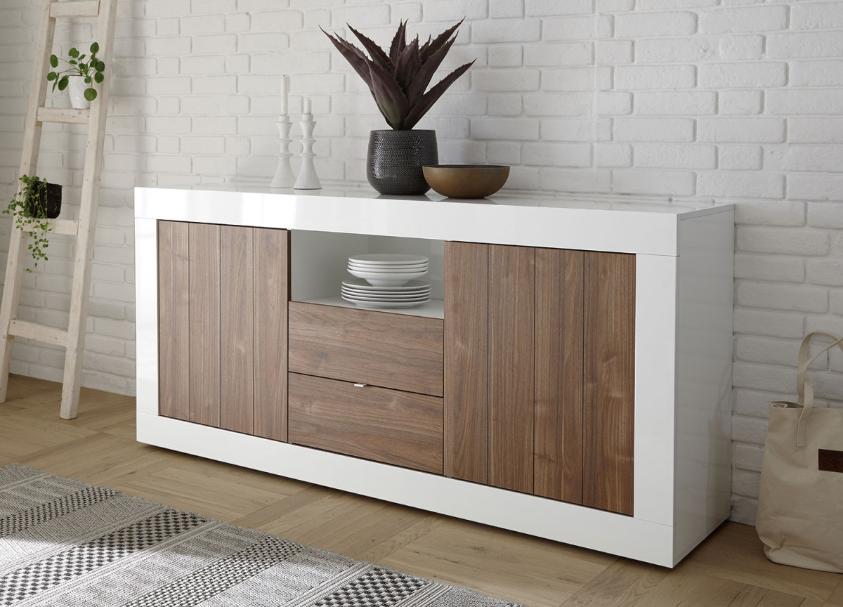 Buffet de salon, séjour blanc laqué et bois 184 cm