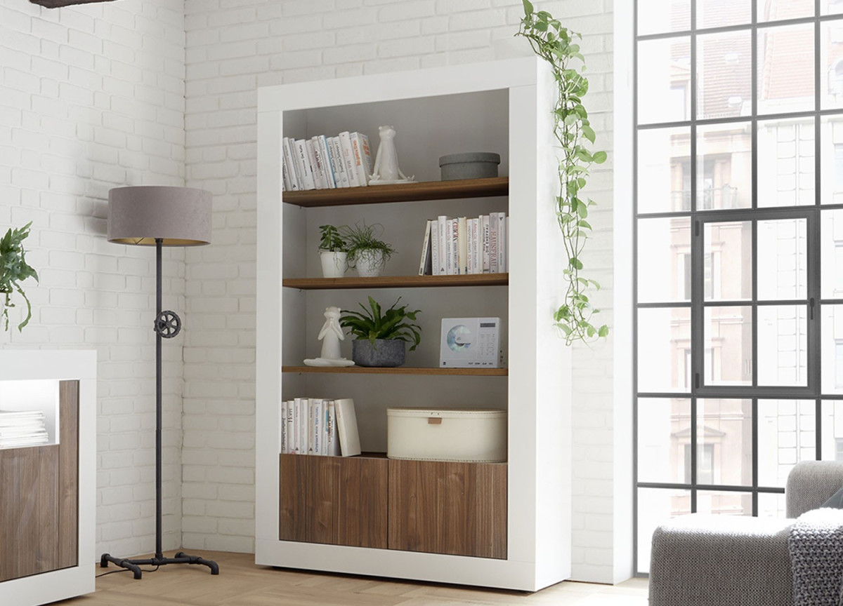 Bibliothèque blanche et bois avec rangement fermé