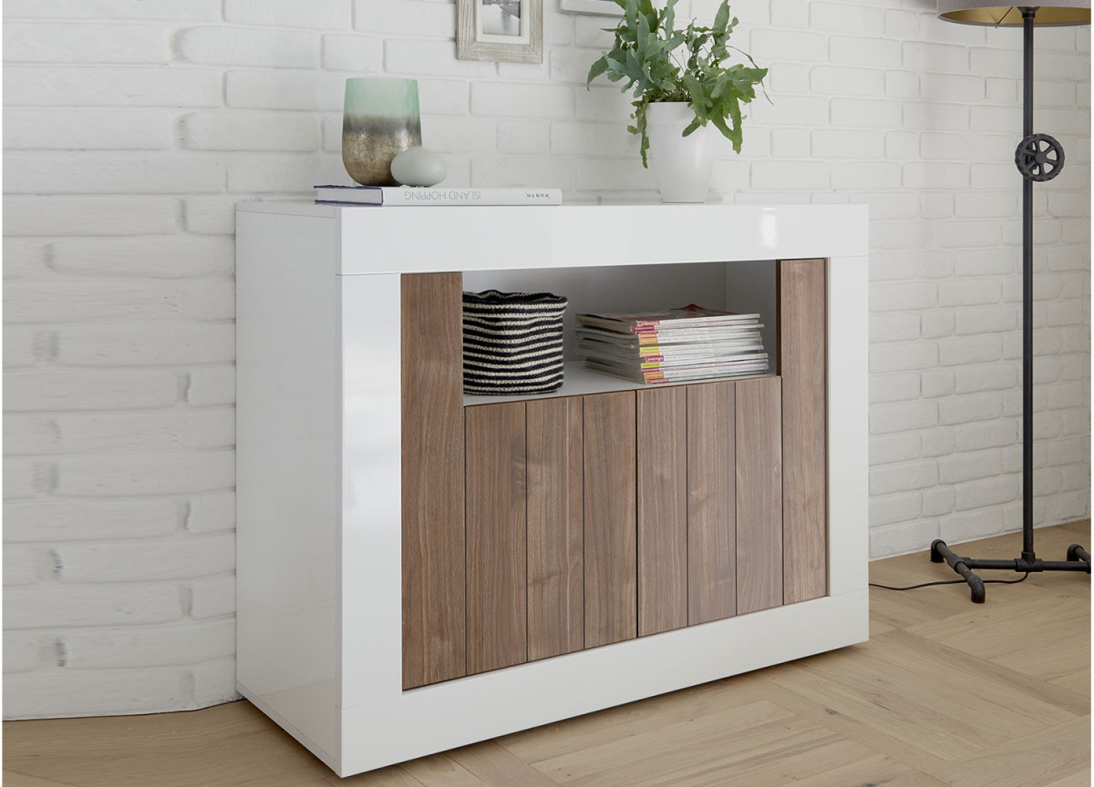 Commode de salon, séjour blanche laquée et bois