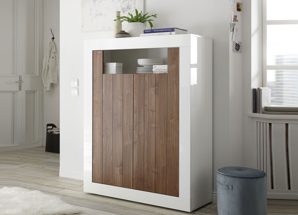 Bahut haut de salon, séjour blanc laqué et bois