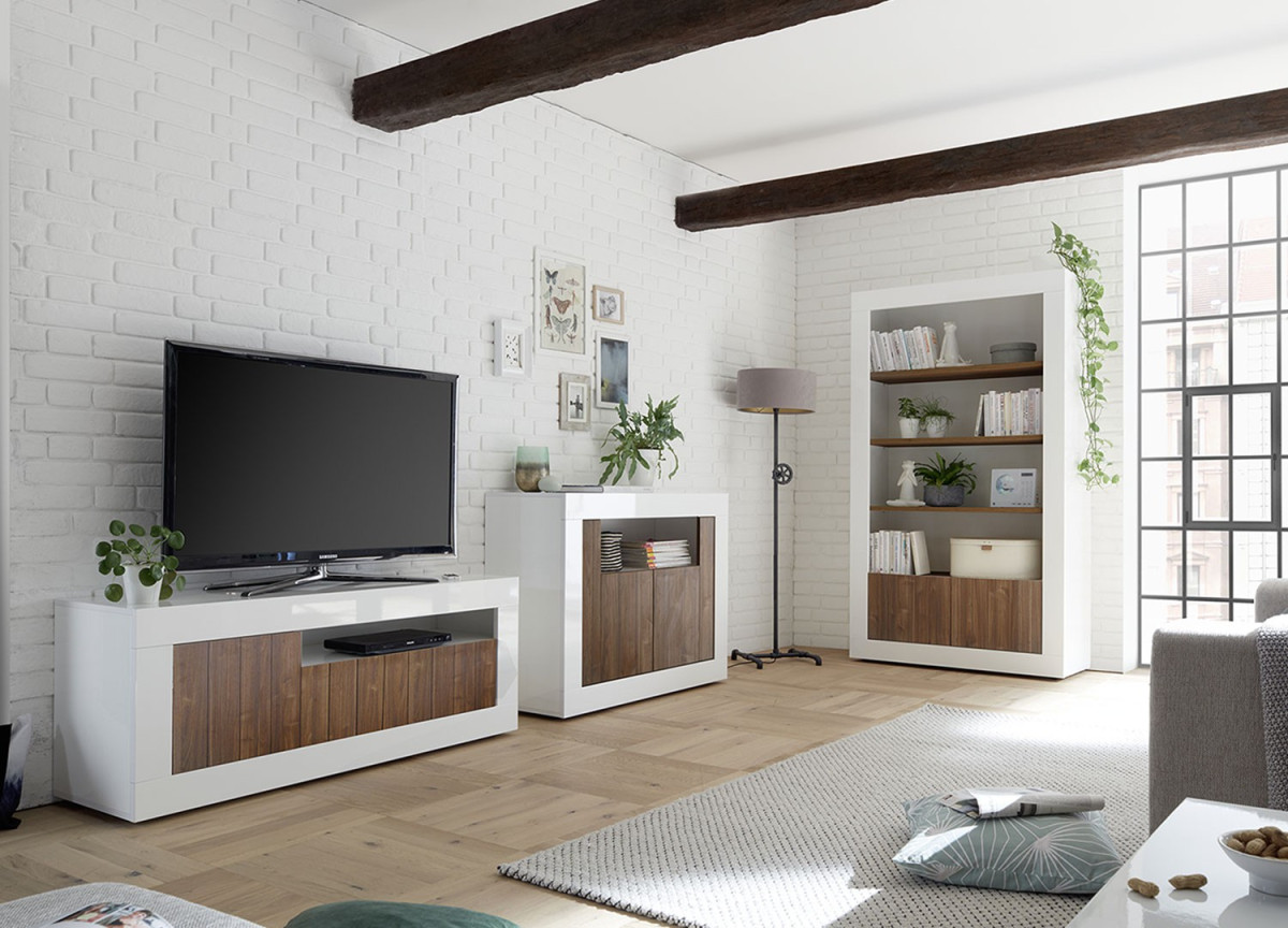 Salon complet blanc / bois - Meuble TV, commode, bibliothèque étagère