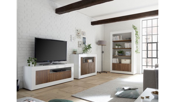 Salon complet blanc / bois - Meuble TV, commode, bibliothèque étagère