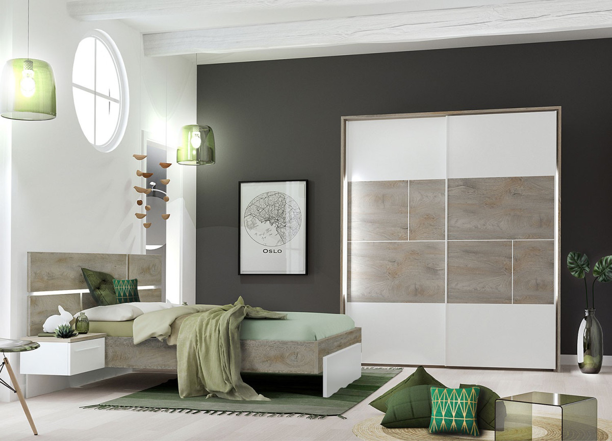 Chambre complète  laqué blanche mat et décor Oak endgrain