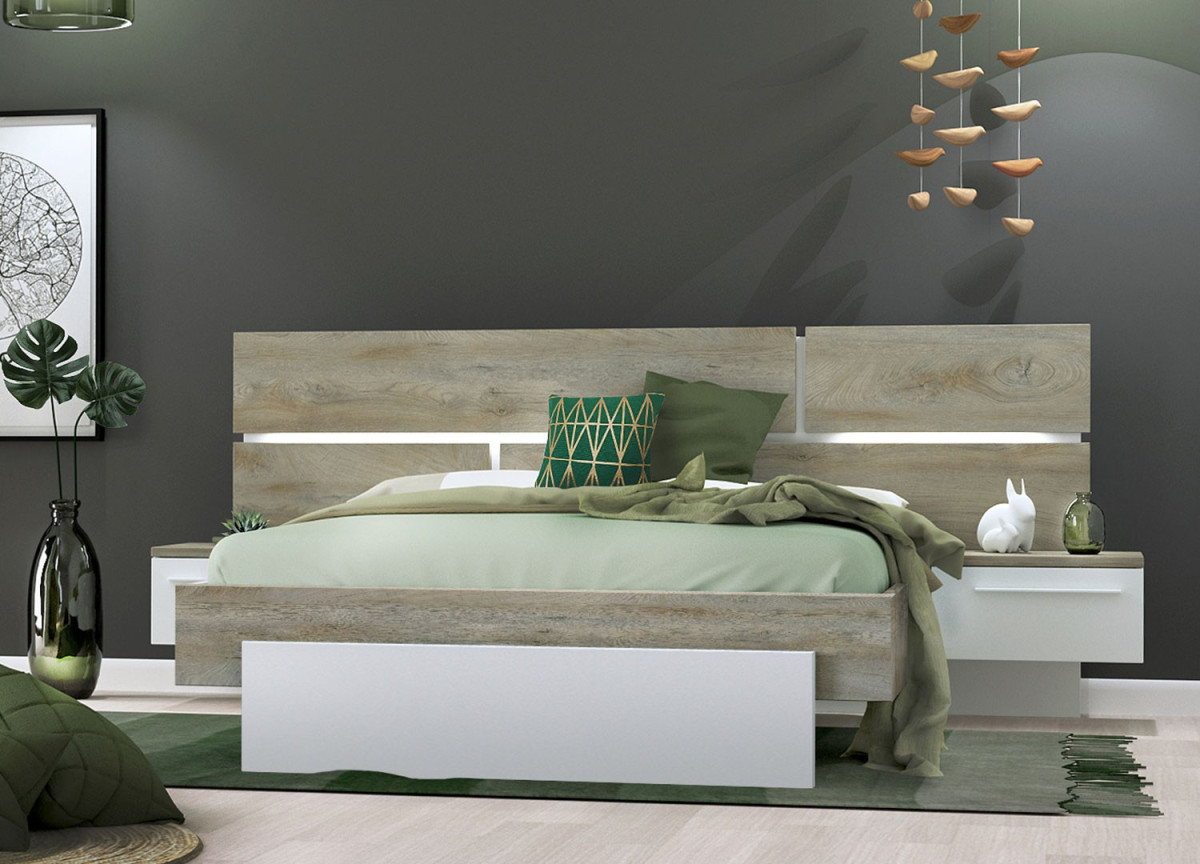 Chambre complète  laqué blanche mat et décor Oak endgrain