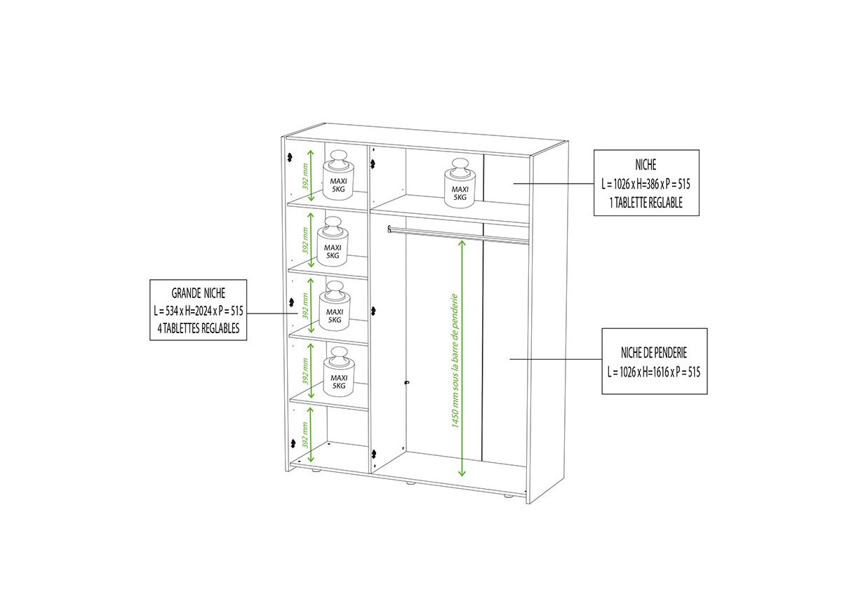 Lit + chevet + armoire 3 portes