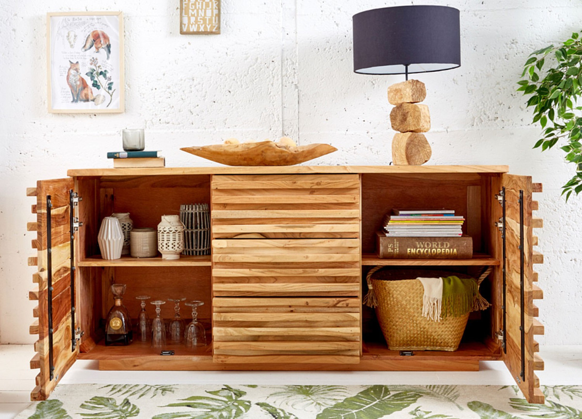 Buffet original en acacia 2 portes et 3 tiroirs